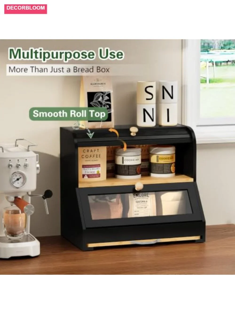 Roll Top Bamboo Bread Box with Removable Cutting Board, 2 Tier, Large Capacity